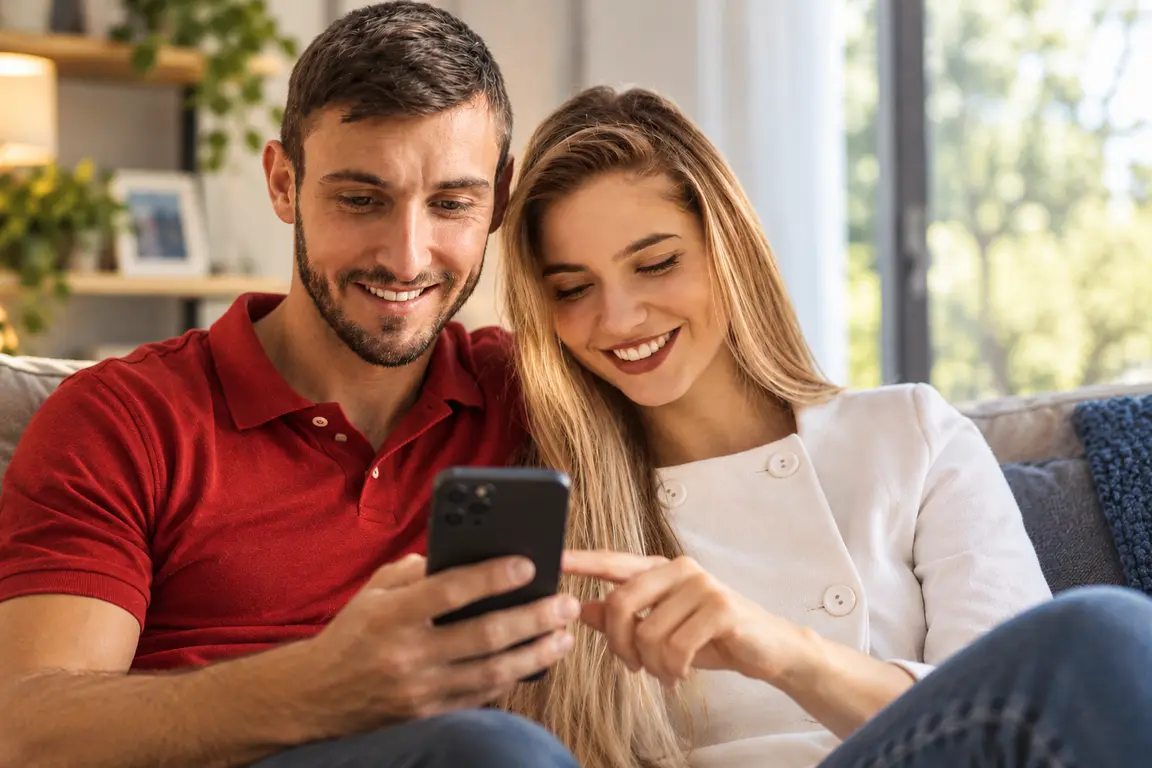 Una coppia sorridente sul divano guarda insieme il telefono.